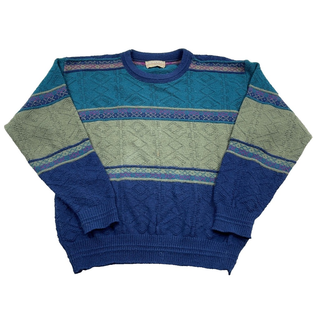 Vintage Grandpa Sweater Men Large Blue Green Colorblock Crewneck 90s Textured